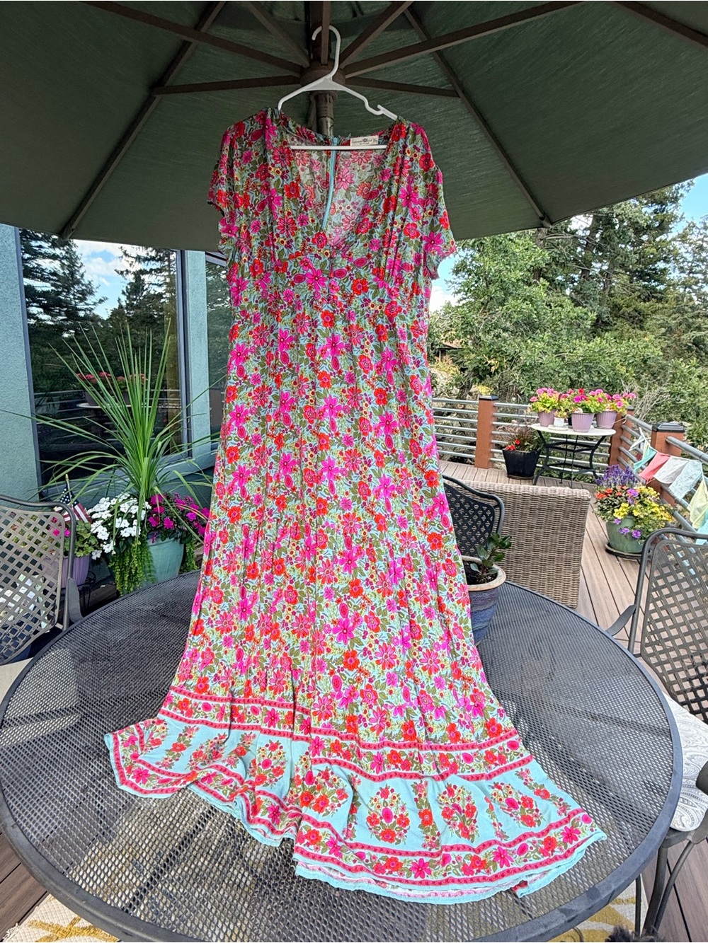 NATURAL LIFE Pink and Aqua Floral Tiered Maxi Dress